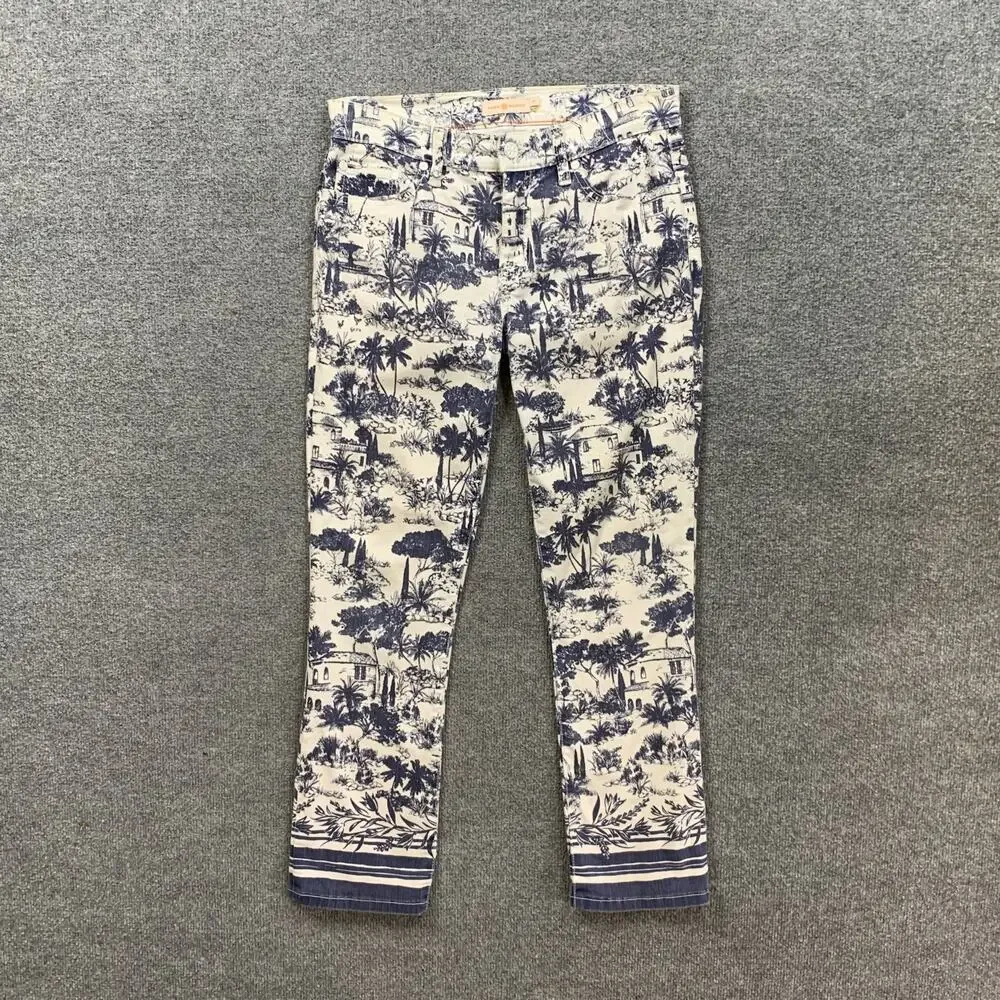 Tory Burch Jeans Womens 27 White Navy Tropical Toile Print Straight Leg Mid Rise